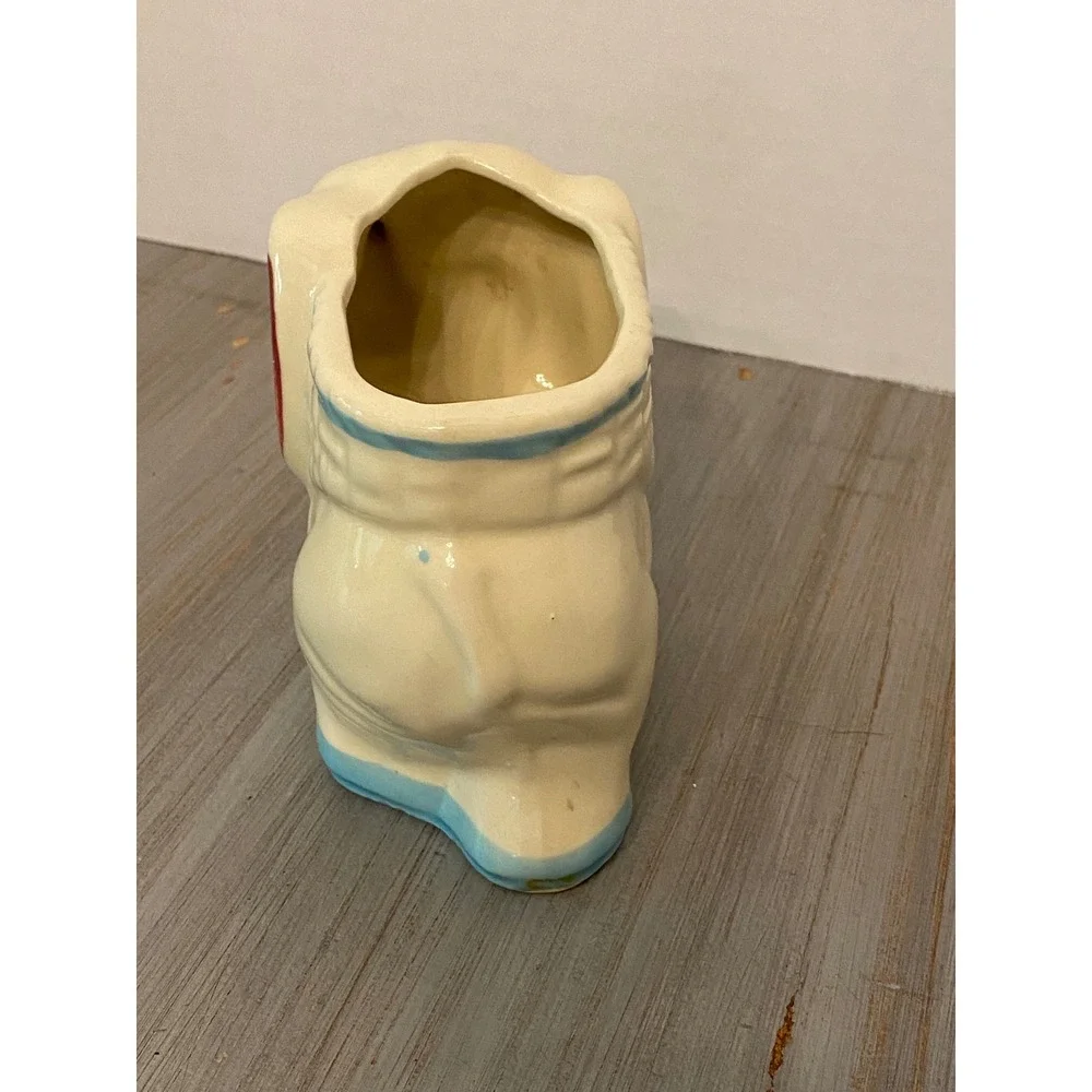 Vintage USA Ceramic Elephant Planter Cream Blue Red Mid Century Pottery Novelty